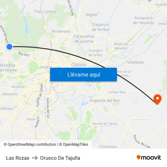 Las Rozas to Orusco De Tajuña map