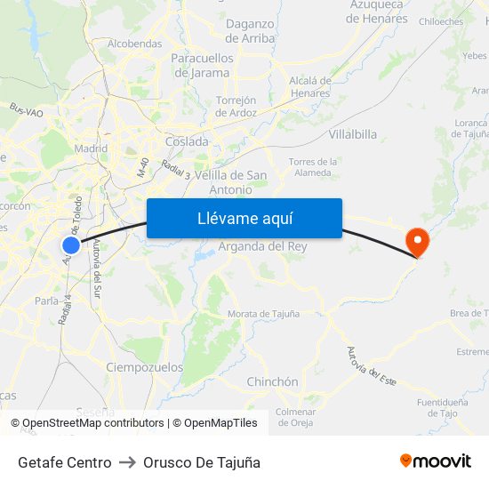 Getafe Centro to Orusco De Tajuña map