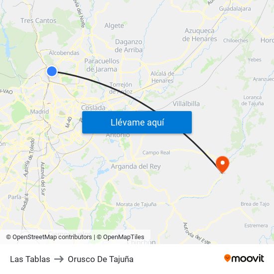 Las Tablas to Orusco De Tajuña map