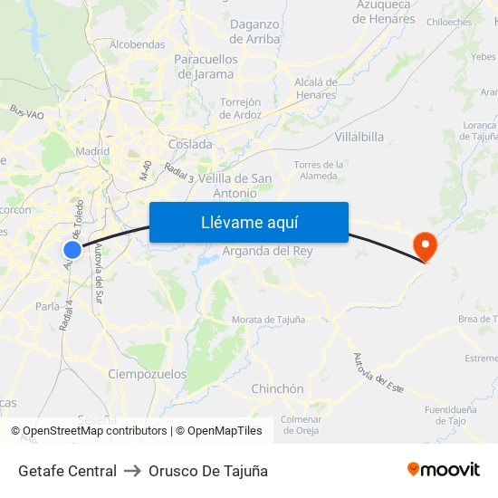 Getafe Central to Orusco De Tajuña map