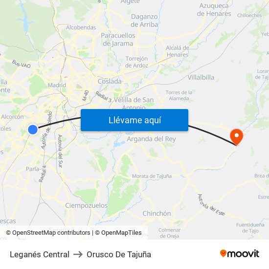 Leganés Central to Orusco De Tajuña map