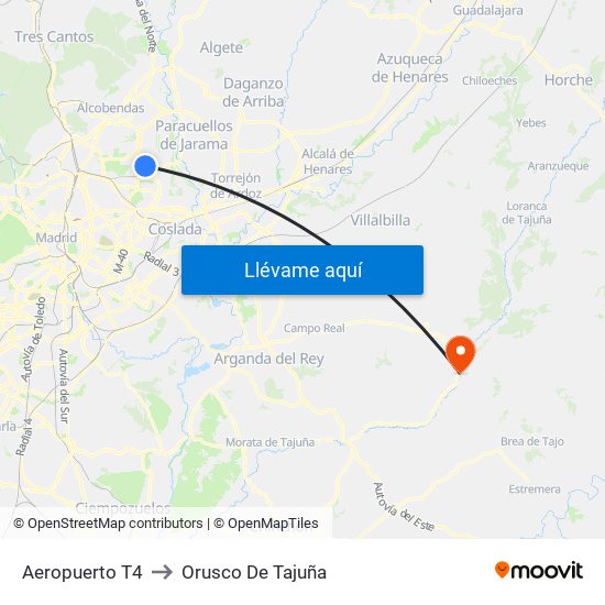 Aeropuerto T4 to Orusco De Tajuña map