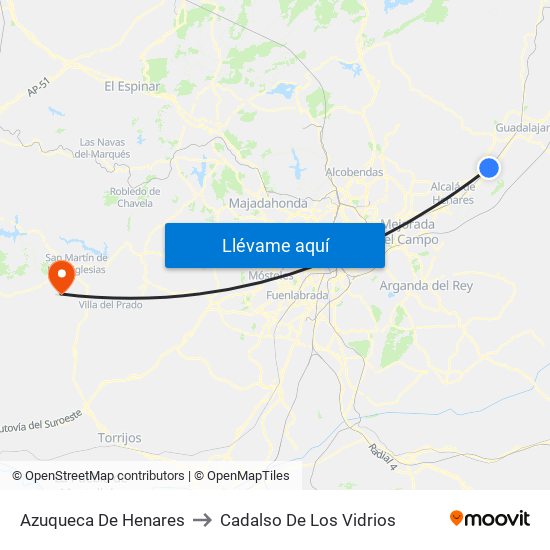 Azuqueca De Henares to Cadalso De Los Vidrios map