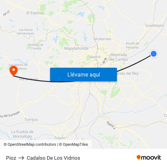 Pioz to Cadalso De Los Vidrios map