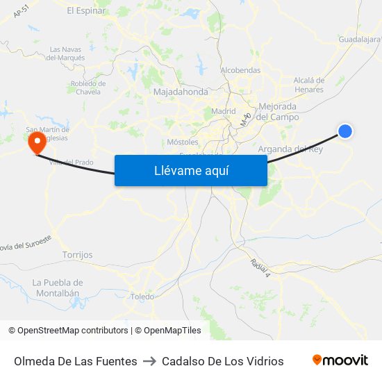 Olmeda De Las Fuentes to Cadalso De Los Vidrios map