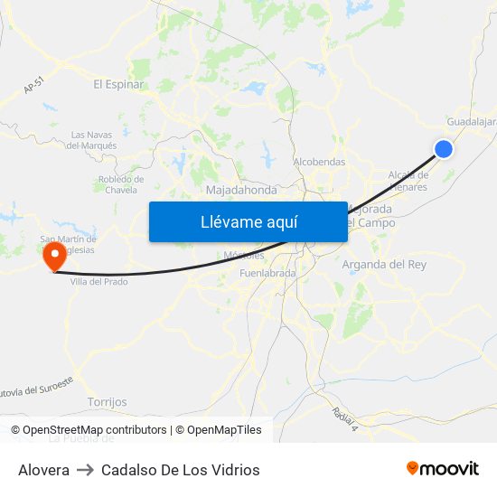 Alovera to Cadalso De Los Vidrios map