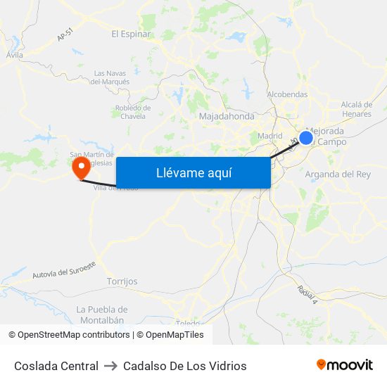 Coslada Central to Cadalso De Los Vidrios map