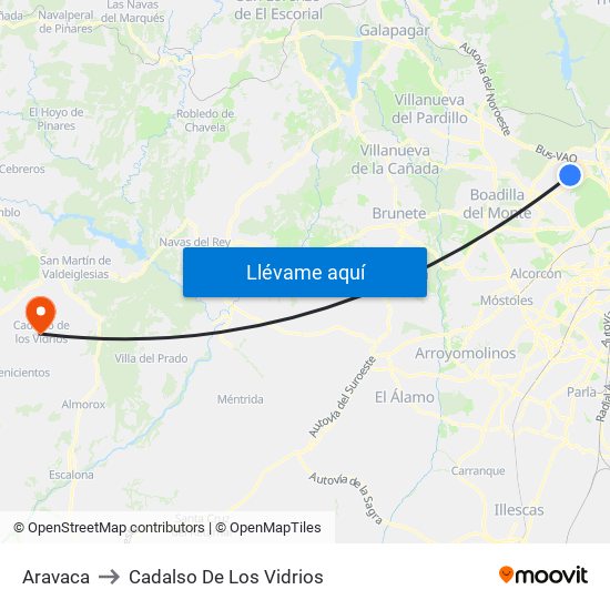 Aravaca to Cadalso De Los Vidrios map