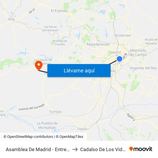 Asamblea De Madrid - Entrevías to Cadalso De Los Vidrios map