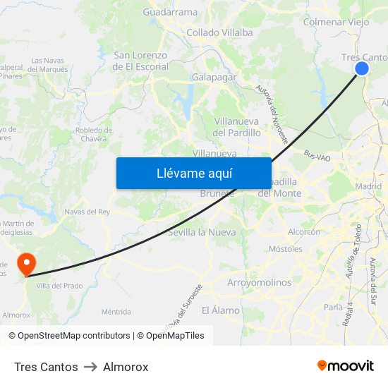 Tres Cantos to Almorox map