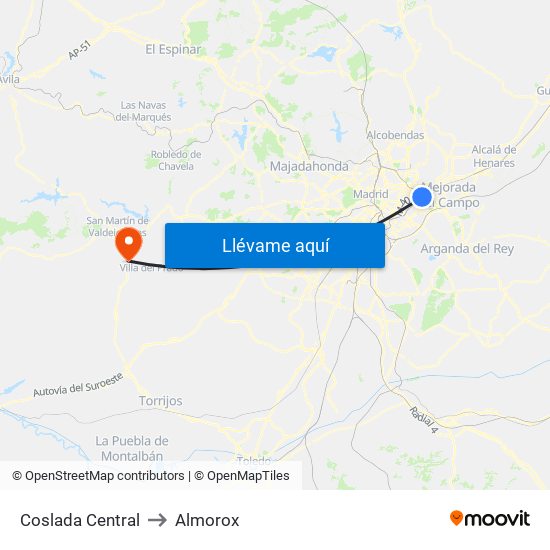 Coslada Central to Almorox map