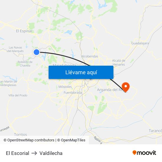 El Escorial to Valdilecha map