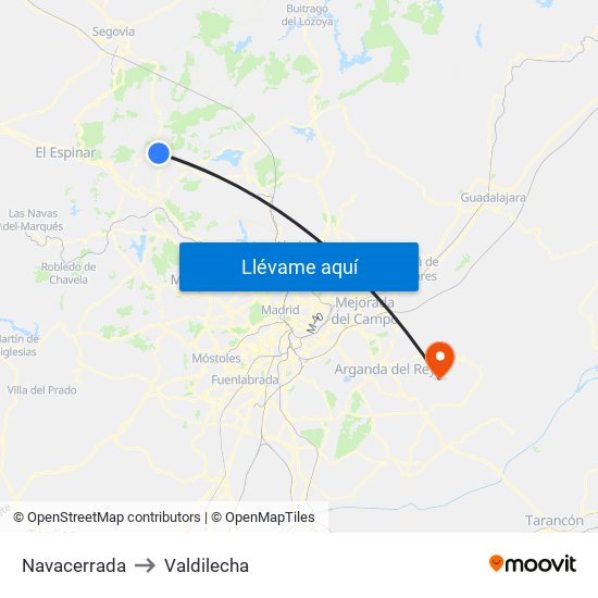 Navacerrada to Valdilecha map