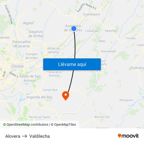 Alovera to Valdilecha map