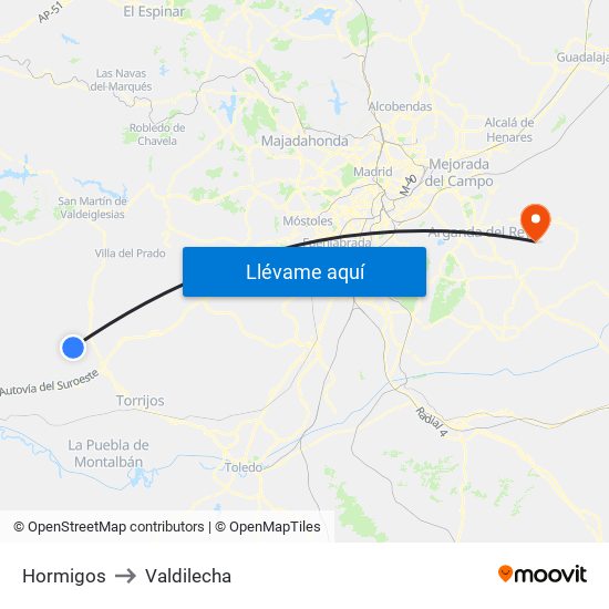 Hormigos to Valdilecha map