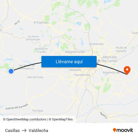 Casillas to Valdilecha map
