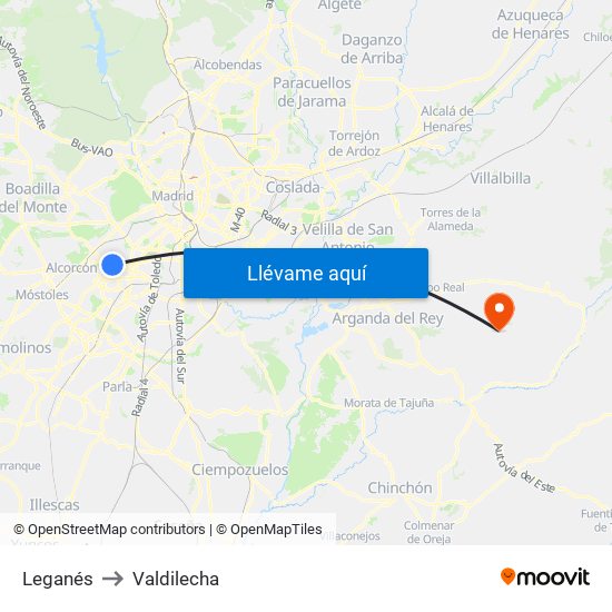 Leganés to Valdilecha map