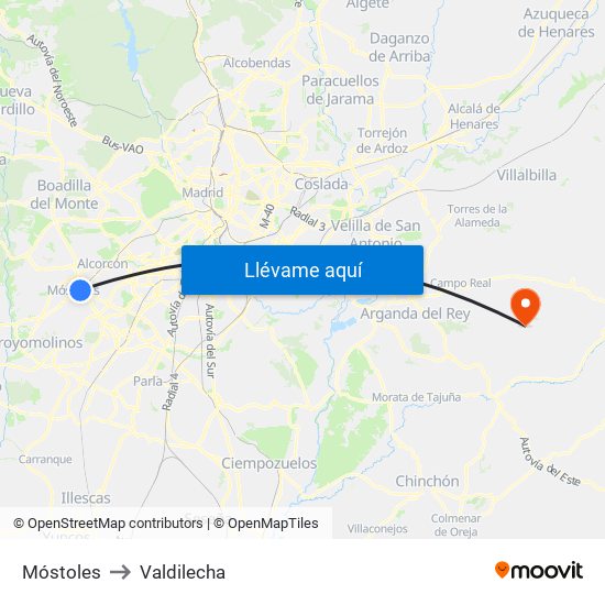 Móstoles to Valdilecha map