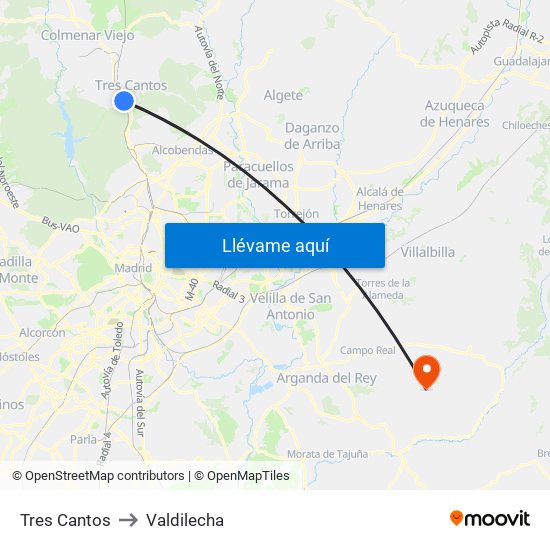 Tres Cantos to Valdilecha map