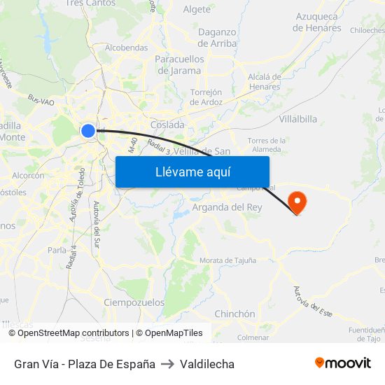 Gran Vía - Plaza De España to Valdilecha map