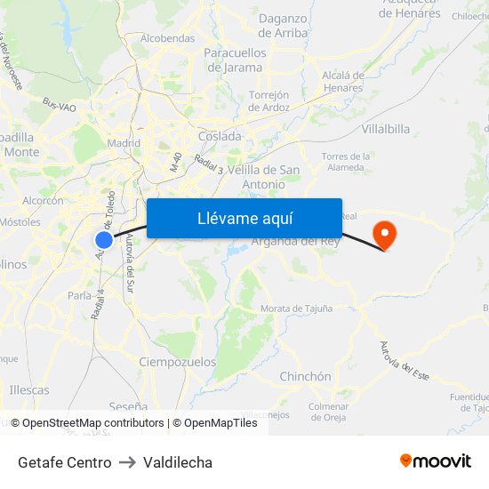 Getafe Centro to Valdilecha map