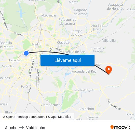 Aluche to Valdilecha map