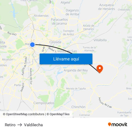 Retiro to Valdilecha map