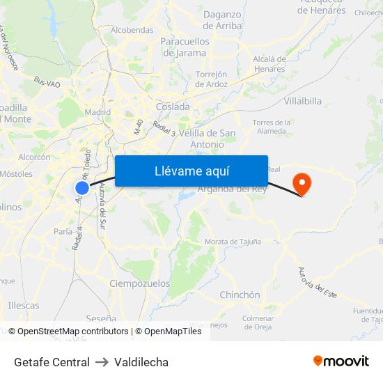 Getafe Central to Valdilecha map