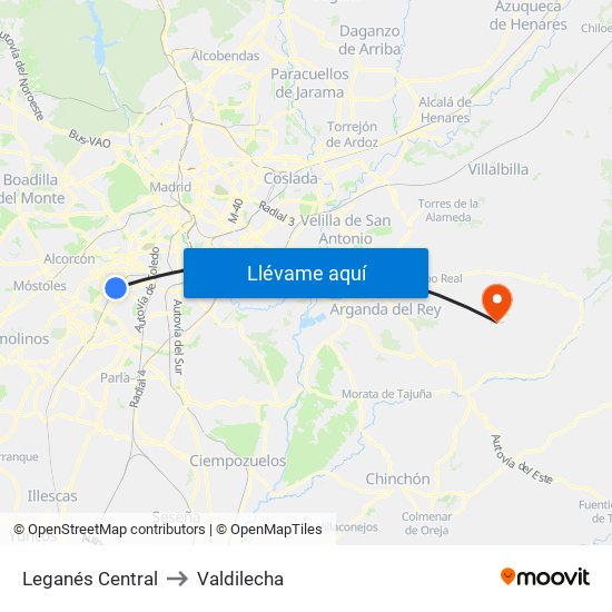 Leganés Central to Valdilecha map