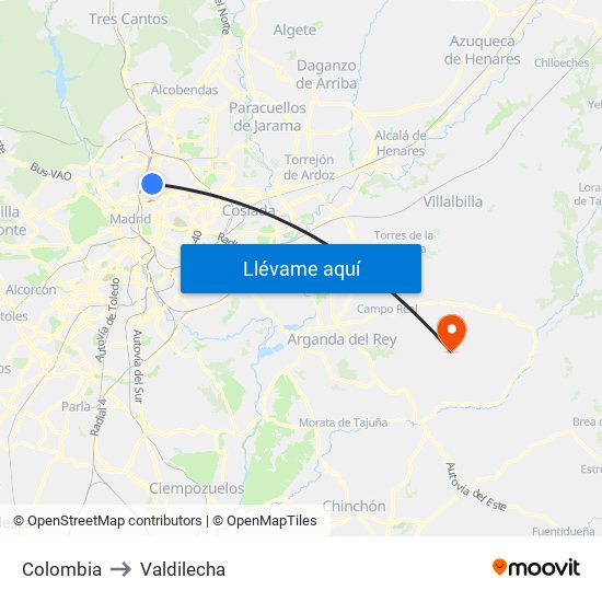 Colombia to Valdilecha map