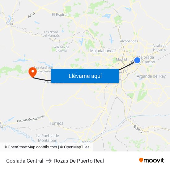 Coslada Central to Rozas De Puerto Real map