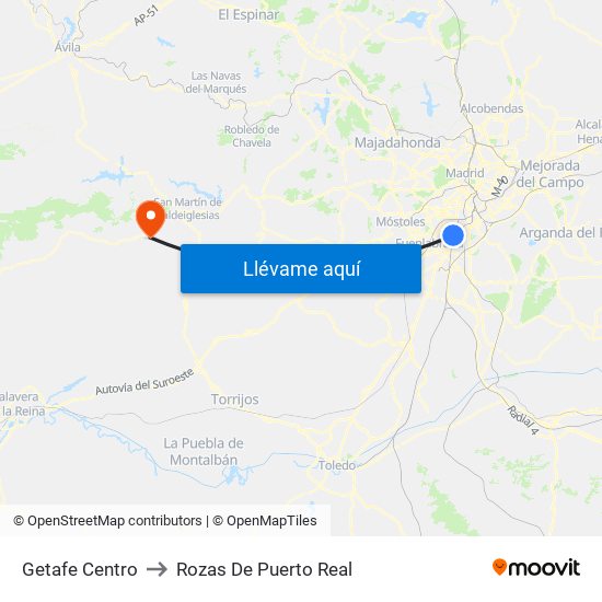 Getafe Centro to Rozas De Puerto Real map