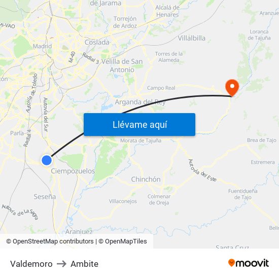 Valdemoro to Ambite map