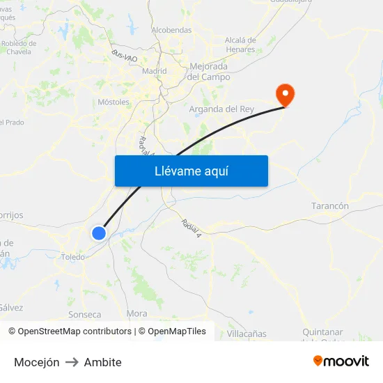 Mocejón to Ambite map