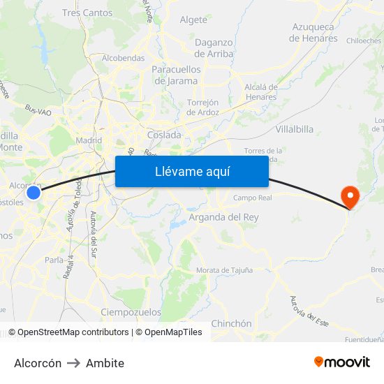 Alcorcón to Ambite map
