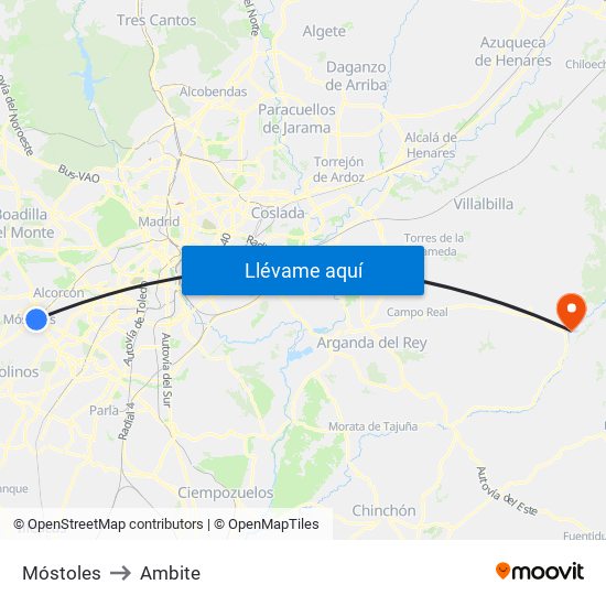 Móstoles to Ambite map