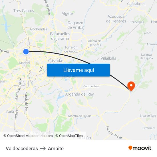 Valdeacederas to Ambite map