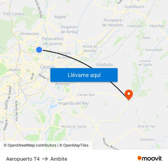 Aeropuerto T4 to Ambite map