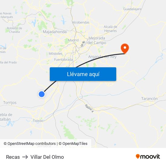 Recas to Villar Del Olmo map