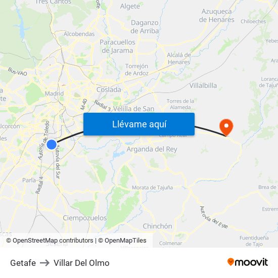Getafe to Villar Del Olmo map