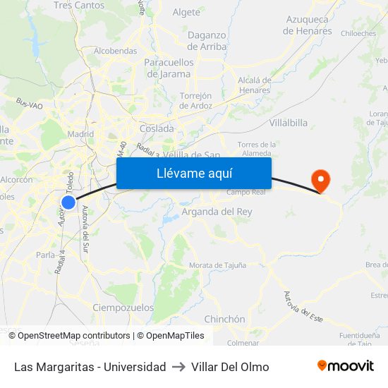 Las Margaritas - Universidad to Villar Del Olmo map