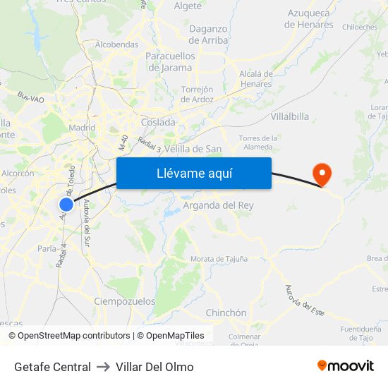 Getafe Central to Villar Del Olmo map