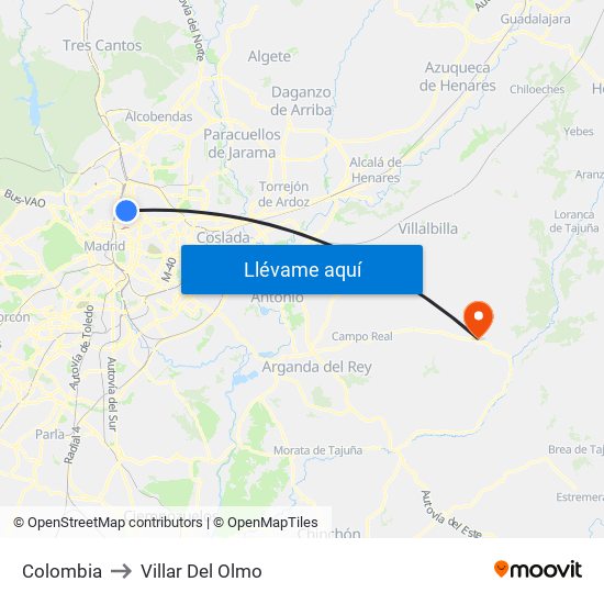 Colombia to Villar Del Olmo map