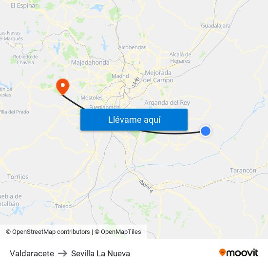 Valdaracete to Sevilla La Nueva map