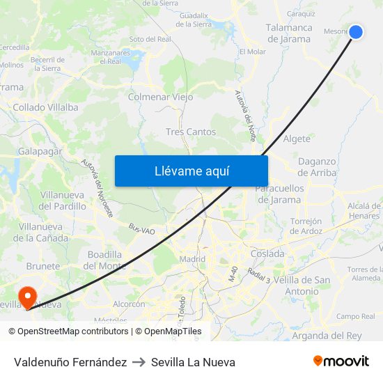 Valdenuño Fernández to Sevilla La Nueva map