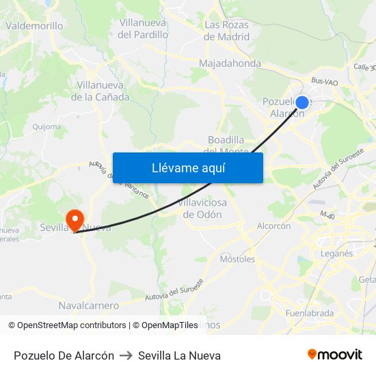 Pozuelo De Alarcón to Sevilla La Nueva map
