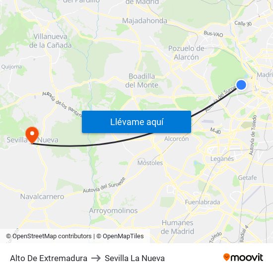 Alto De Extremadura to Sevilla La Nueva map