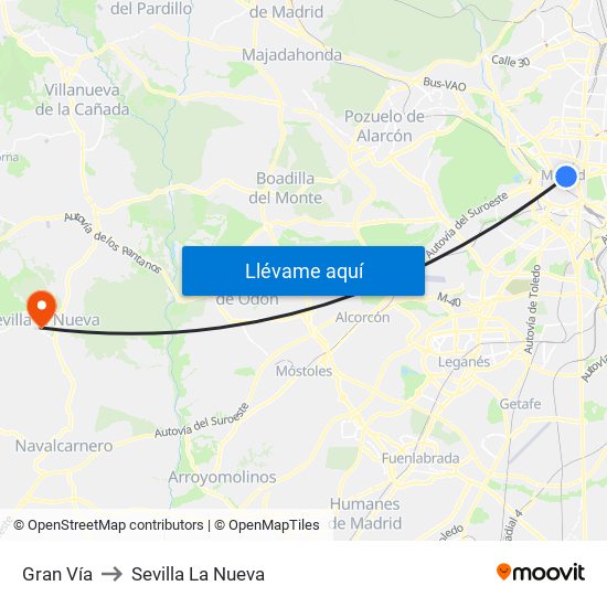 Gran Vía to Sevilla La Nueva map