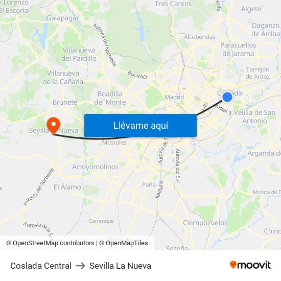 Coslada Central to Sevilla La Nueva map