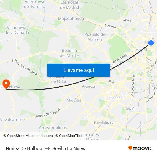 Núñez De Balboa to Sevilla La Nueva map